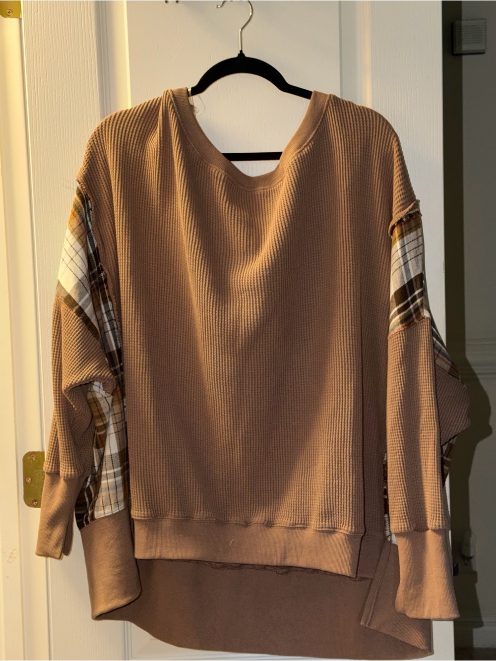 Oli And Hali Waffle Knit Sweater with Plaid Sleeve Detail - Tan